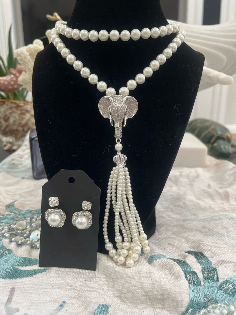 Brand New! Classic Faux Pearl Elephant Tassel Necklace and Bonus Earrings